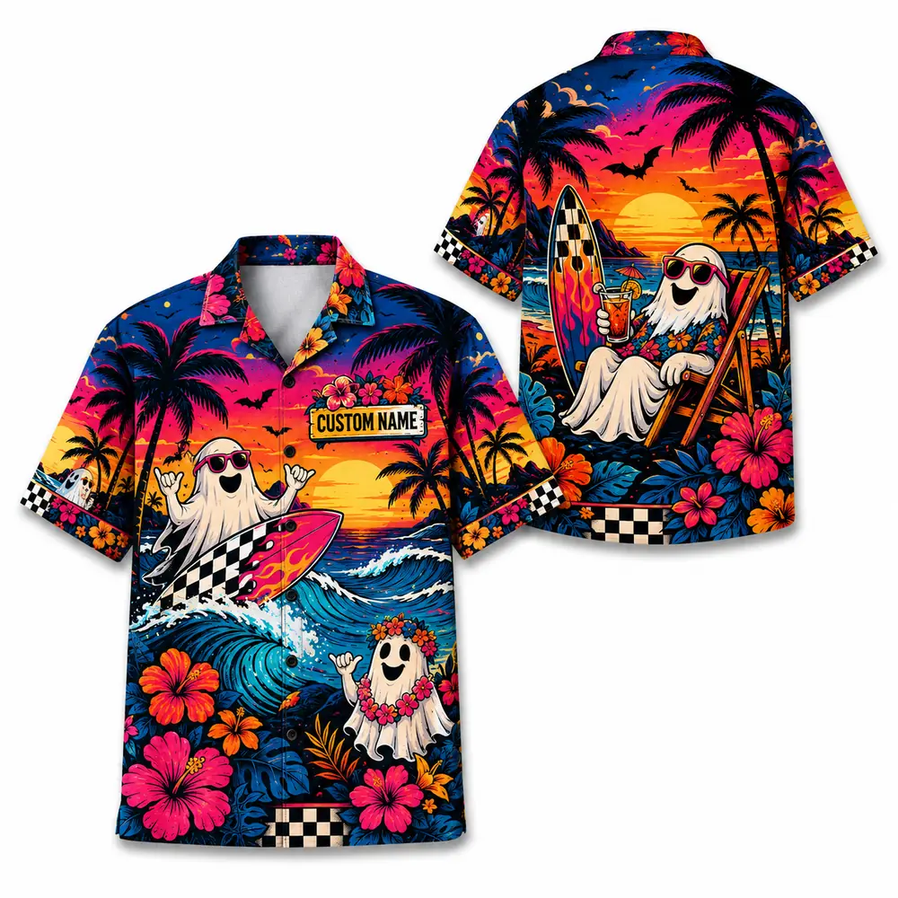 Personalized Halloween Sunset Hawaiian Shirt, Tropical Beach Spooky Aloha Shirt, Custom Name Festival Party Shirt For Men And Women - Style 6