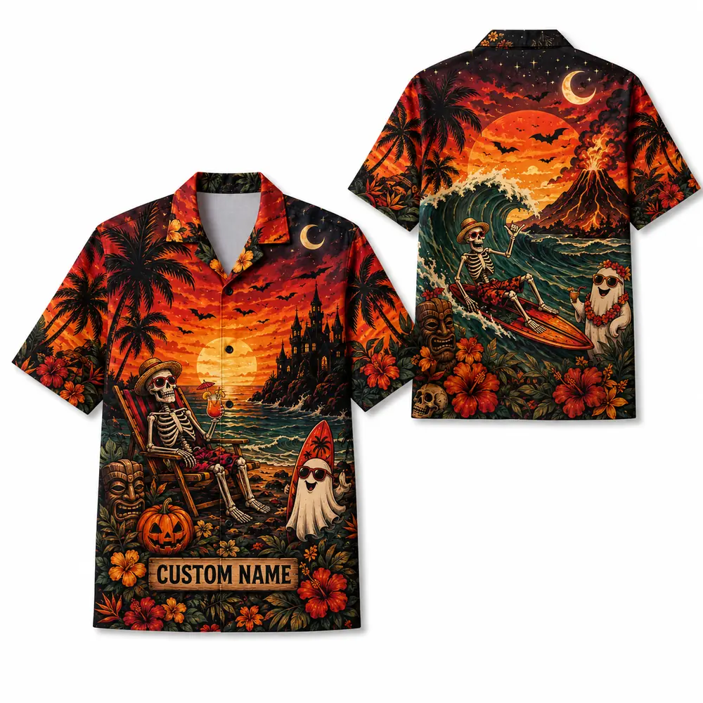 Personalized Halloween Sunset Hawaiian Shirt, Tropical Beach Spooky Aloha Shirt, Custom Name Festival Party Shirt For Men And Women - Style 7