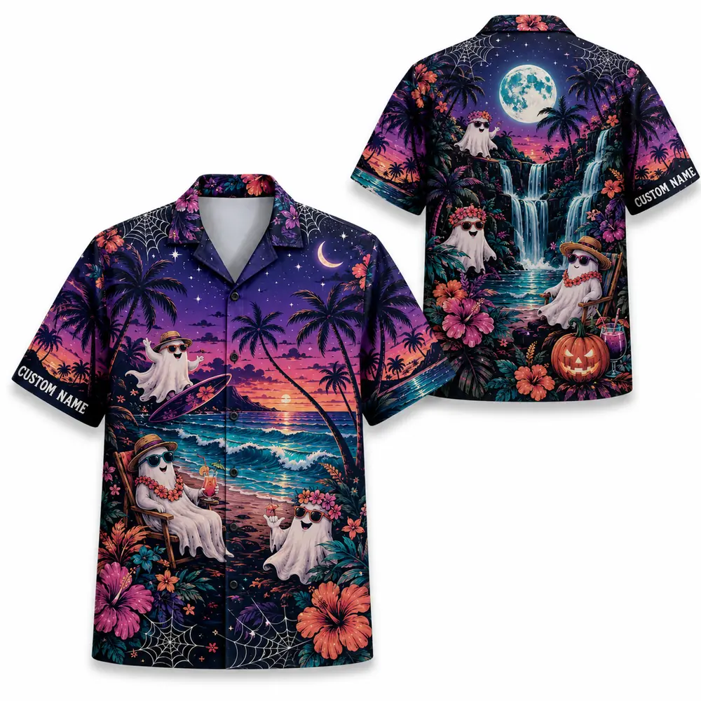 Personalized Halloween Sunset Hawaiian Shirt, Tropical Beach Spooky Aloha Shirt, Custom Name Festival Party Shirt For Men And Women - Style 8