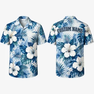 Personalized Hibiscus Hawaiian Shirt For Men And Women, Short Sleeve Elegant Tropical Resort Print, Custom Name Summer Button Down