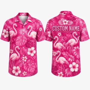 Personalized Hot Pink Flamingo Hawaiian Shirt For Men And Women, Short Sleeve Vibrant Tropical Summer Floral Print, Custom Name Button Down