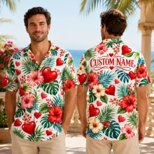Personalized Love Heart Floral Hawaiian Shirt For Men And Women, Short Sleeve Romantic Tropical Beach Print, Custom Name Summer Button Down - View 1