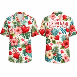 Personalized Love Heart Floral Hawaiian Shirt For Men And Women, Short Sleeve Romantic Tropical Beach Print, Custom Name Summer Button Down