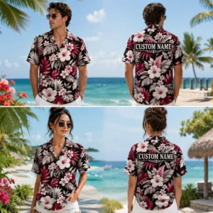 Personalized Magenta Floral Hawaiian Shirt For Men And Women, Short Sleeve Elegant Dark Tropical Vacation Print, Custom Name Summer Button Down - View 1
