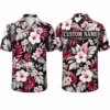 Personalized Magenta Floral Hawaiian Shirt For Men And Women, Short Sleeve Elegant Dark Tropical Vacation Print, Custom Name Summer Button Down