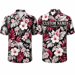 Personalized Magenta Floral Hawaiian Shirt For Men And Women, Short Sleeve Elegant Dark Tropical Vacation Print, Custom Name Summer Button Down