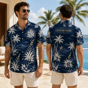 Personalized Midnight Blue Palm Tree Hawaiian Shirt For Men And Women, Short Sleeve Elegant Tropical Night Vacation Print, Custom Name Button Down - View 1