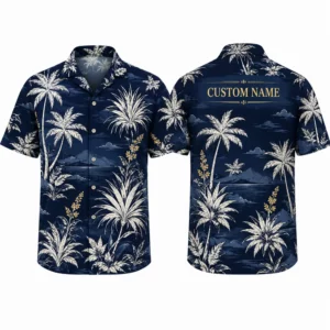 Personalized Midnight Blue Palm Tree Hawaiian Shirt For Men And Women, Short Sleeve Elegant Tropical Night Vacation Print, Custom Name Button Down