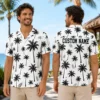 Personalized Minimalist Black Palm Tree Hawaiian Shirt For Men And Women, Short Sleeve Modern Tropical Resort Print, Custom Name Summer Button Down - View 1