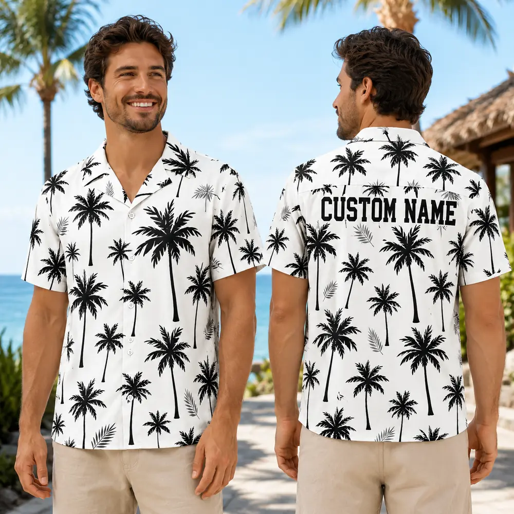 Personalized Minimalist Black Palm Tree Hawaiian Shirt For Men And Women, Short Sleeve Modern Tropical Resort Print, Custom Name Summer Button Down - View 1