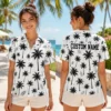 Personalized Minimalist Black Palm Tree Hawaiian Shirt For Men And Women, Short Sleeve Modern Tropical Resort Print, Custom Name Summer Button Down - View 2