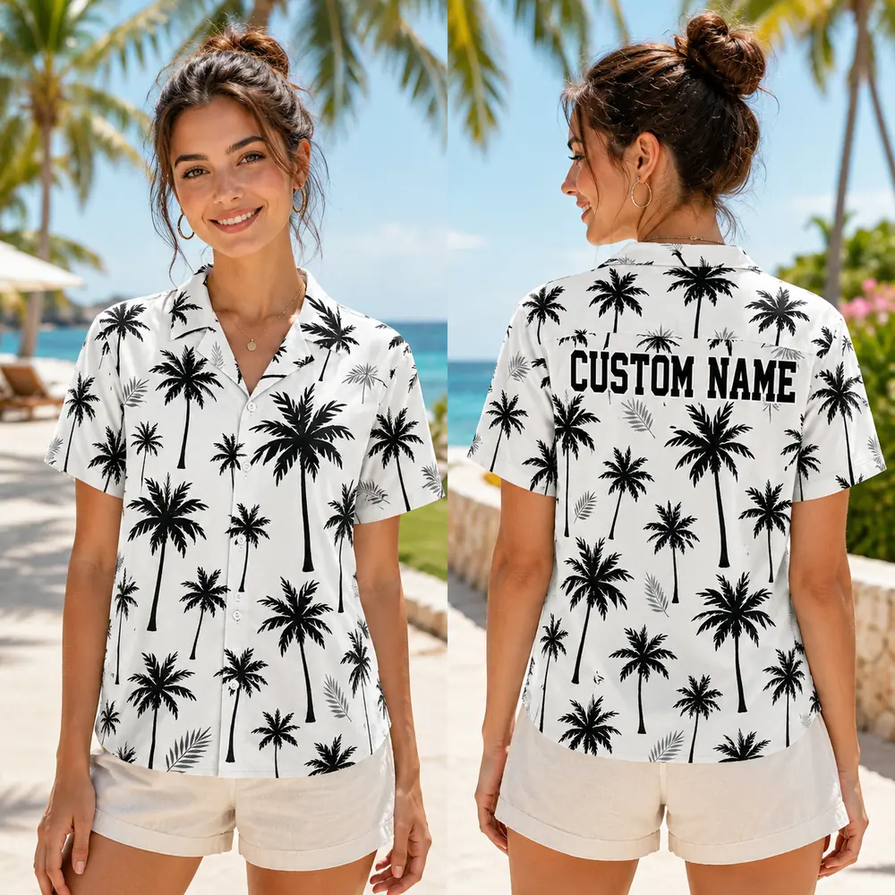 Personalized Minimalist Black Palm Tree Hawaiian Shirt For Men And Women, Short Sleeve Modern Tropical Resort Print, Custom Name Summer Button Down - View 2