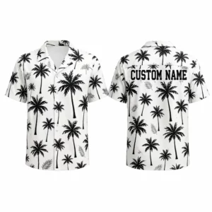 Personalized Minimalist Black Palm Tree Hawaiian Shirt For Men And Women, Short Sleeve Modern Tropical Resort Print, Custom Name Summer Button Down