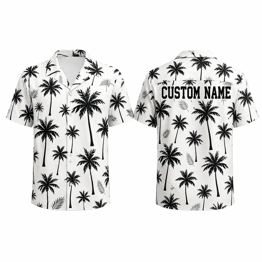 Personalized Minimalist Black Palm Tree Hawaiian Shirt For Men And Women, Short Sleeve Modern Tropical Resort Print, Custom Name Summer Button Down