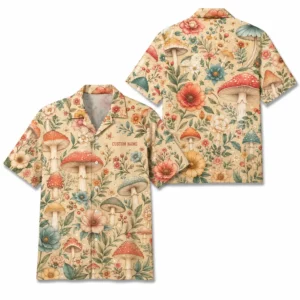 Personalized Mushroom Forest Botanical Hawaiian Shirt For Men And Women, Short Sleeve Vintage Cottagecore Nature, Custom Name Summer Button Down - Style 1