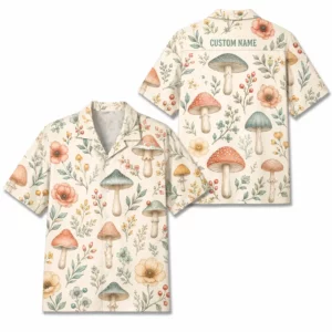 Personalized Mushroom Forest Botanical Hawaiian Shirt For Men And Women, Short Sleeve Vintage Cottagecore Nature, Custom Name Summer Button Down - Style 2