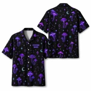 Personalized Mushroom Galaxy Space Hawaiian Shirt For Men And Women, Short Sleeve Celestial Forest Magical, Custom Name Summer Button Down - Style 1