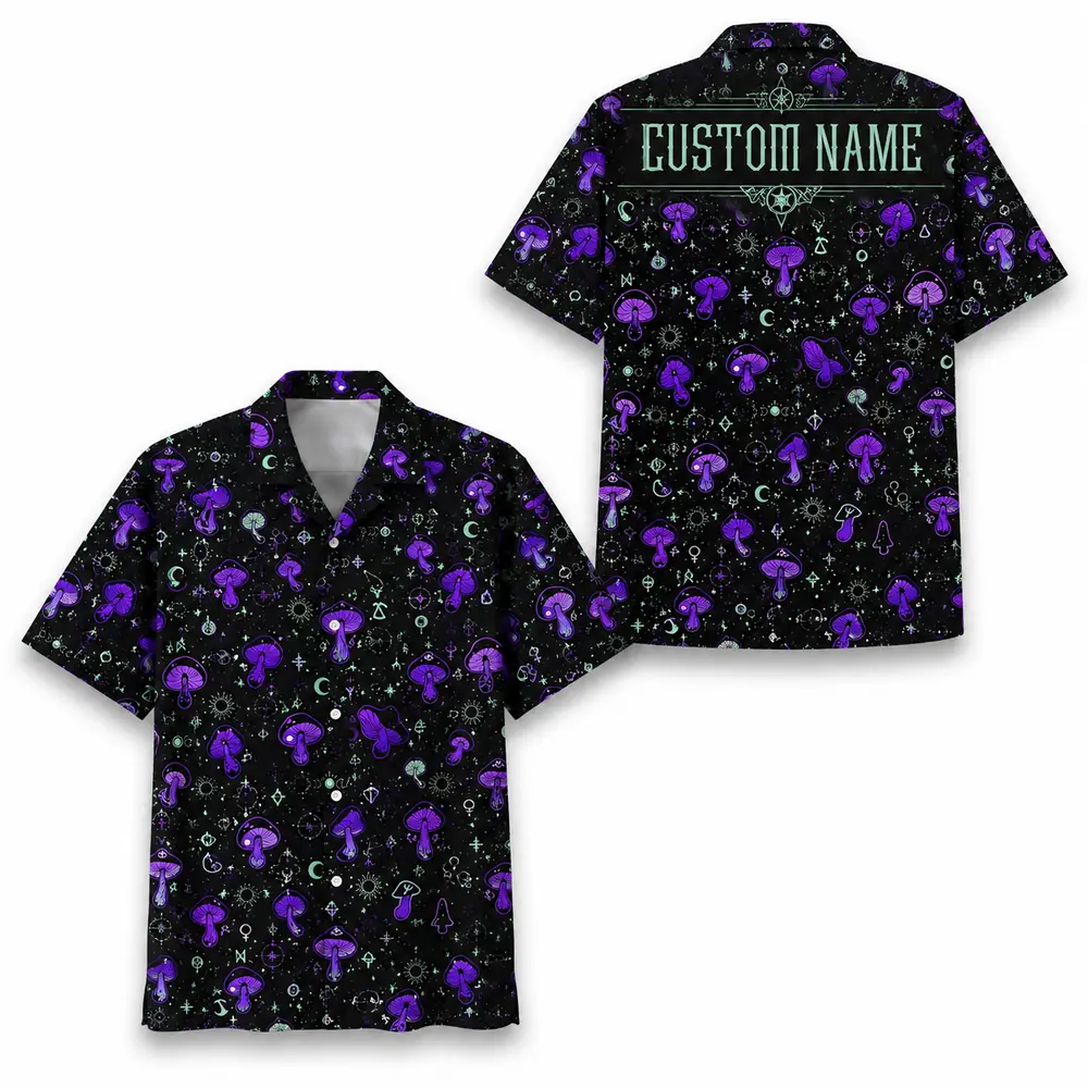 Personalized Mushroom Galaxy Space Hawaiian Shirt For Men And Women, Short Sleeve Celestial Forest Magical, Custom Name Summer Button Down - Style 10