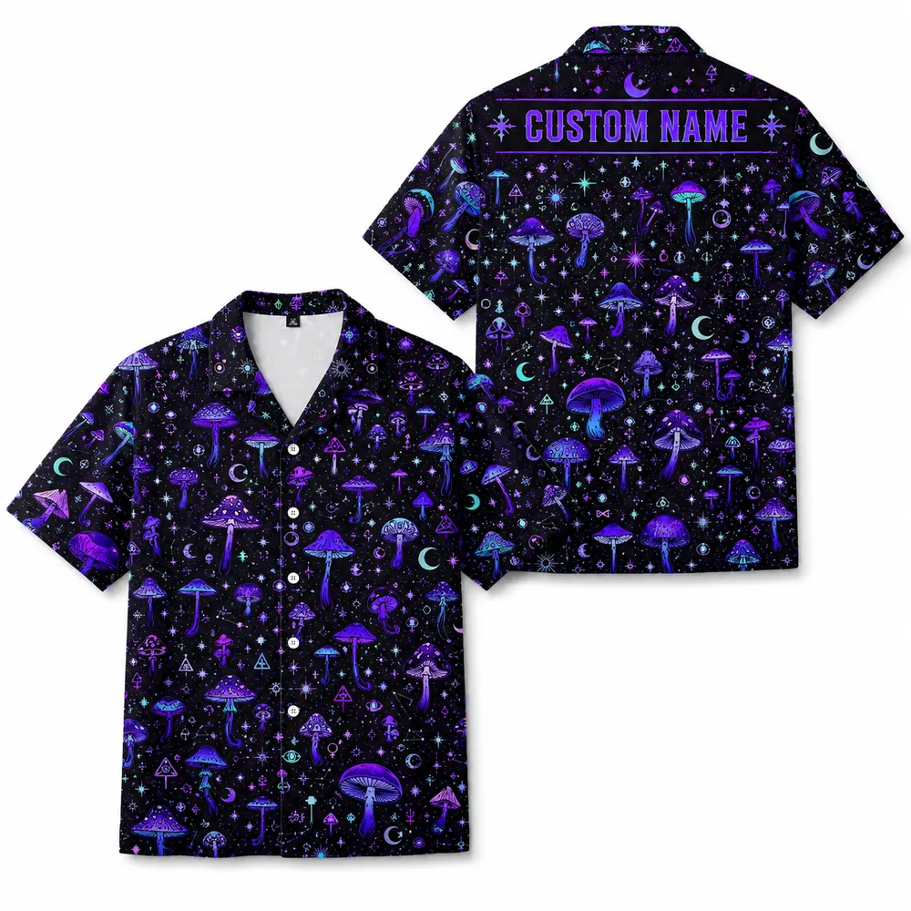 Personalized Mushroom Galaxy Space Hawaiian Shirt For Men And Women, Short Sleeve Celestial Forest Magical, Custom Name Summer Button Down - Style 2