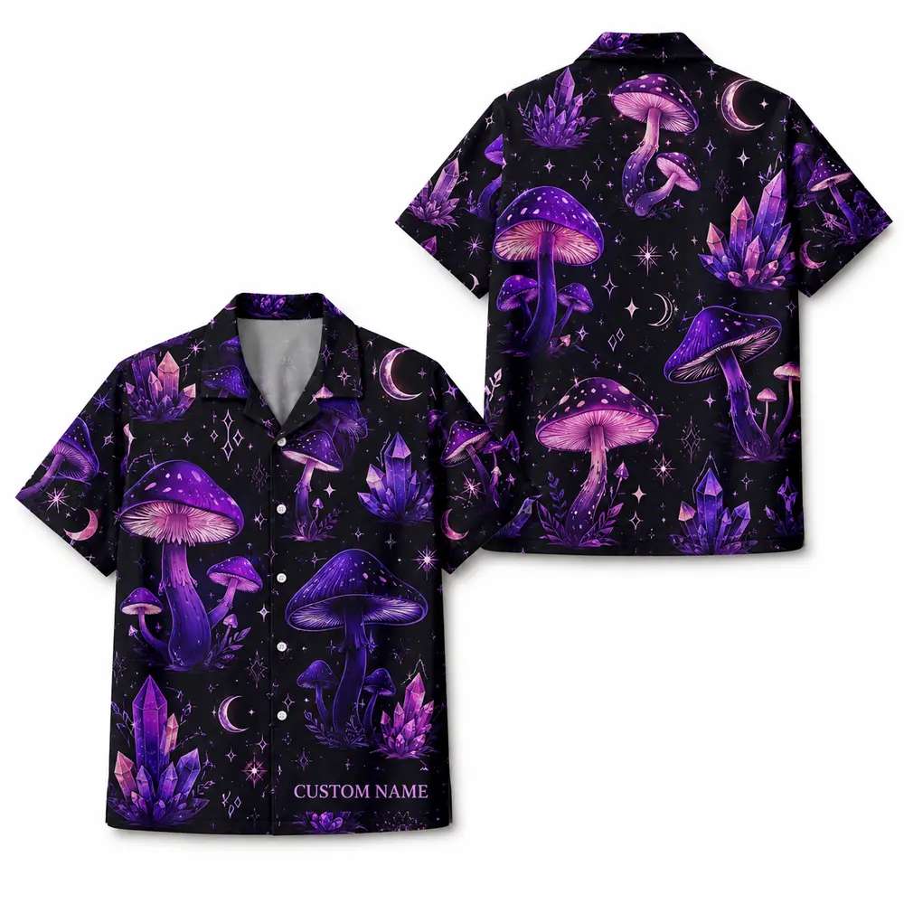 Personalized Mushroom Galaxy Space Hawaiian Shirt For Men And Women, Short Sleeve Celestial Forest Magical, Custom Name Summer Button Down - Style 4