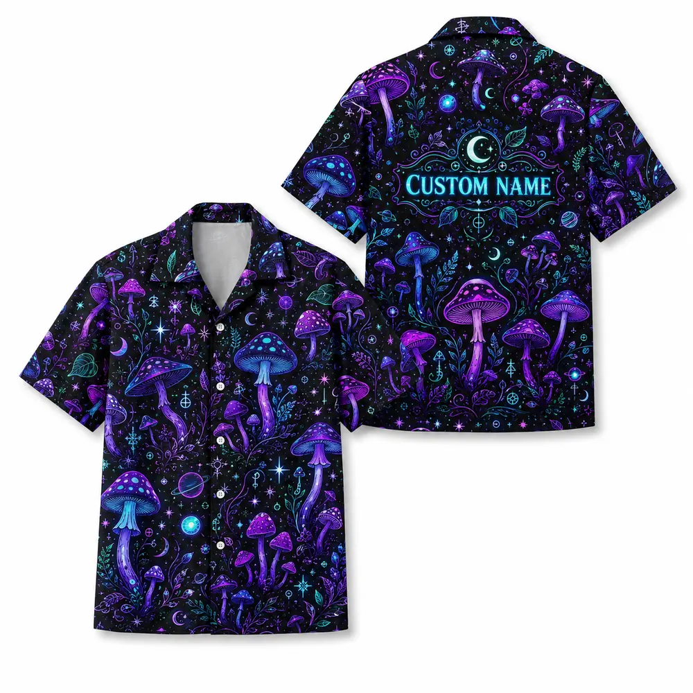 Personalized Mushroom Galaxy Space Hawaiian Shirt For Men And Women, Short Sleeve Celestial Forest Magical, Custom Name Summer Button Down - Style 5