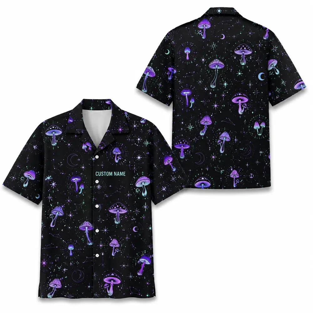 Personalized Mushroom Galaxy Space Hawaiian Shirt For Men And Women, Short Sleeve Celestial Forest Magical, Custom Name Summer Button Down - Style 6