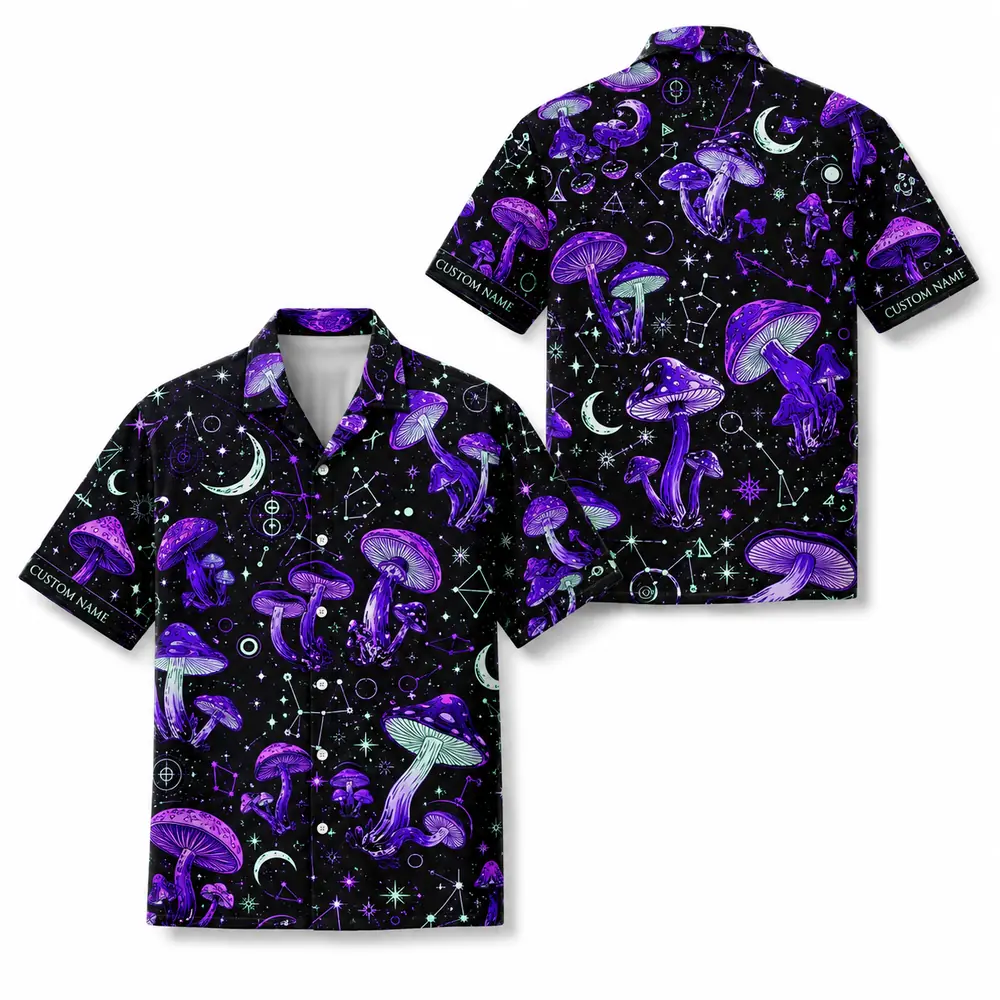 Personalized Mushroom Galaxy Space Hawaiian Shirt For Men And Women, Short Sleeve Celestial Forest Magical, Custom Name Summer Button Down - Style 7
