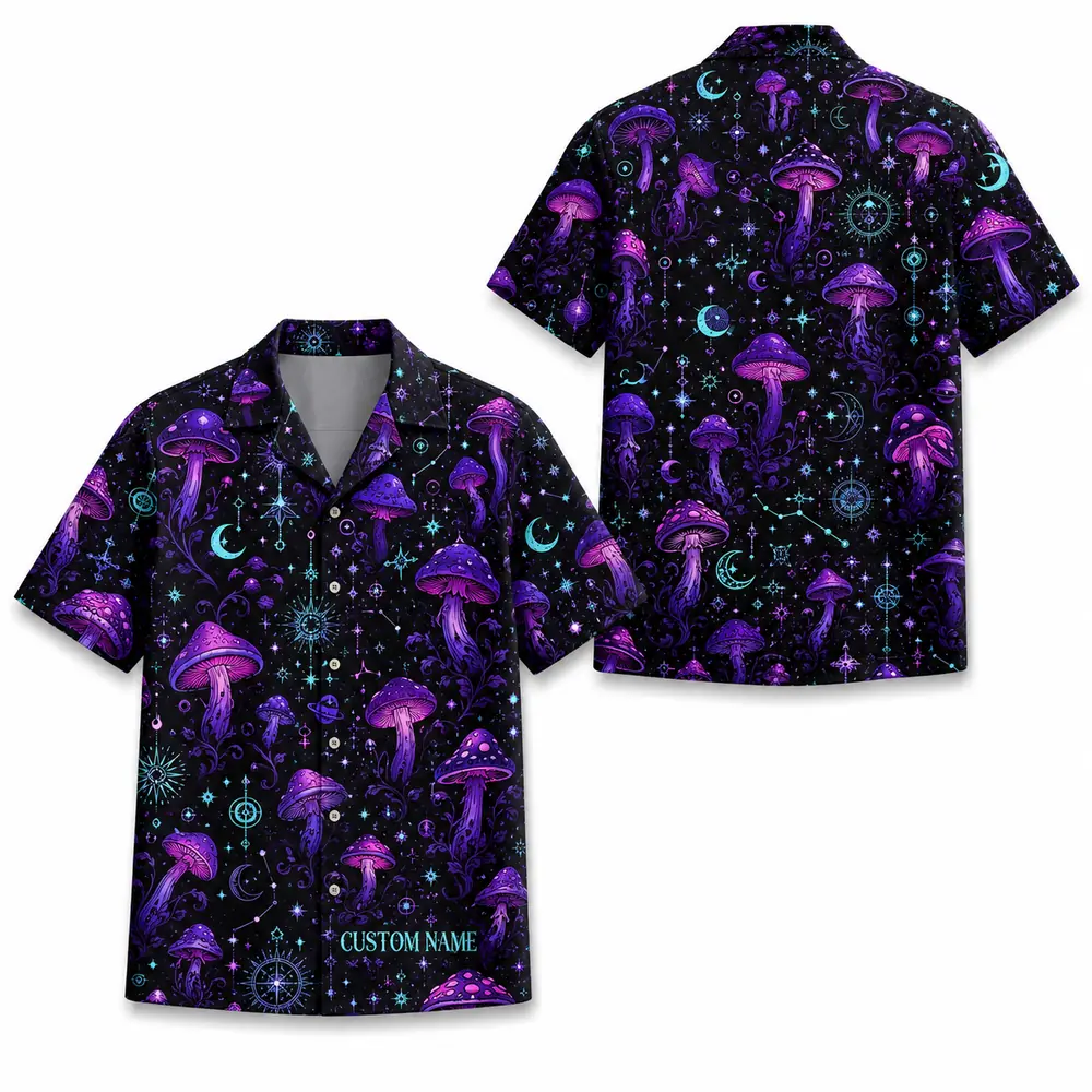 Personalized Mushroom Galaxy Space Hawaiian Shirt For Men And Women, Short Sleeve Celestial Forest Magical, Custom Name Summer Button Down - Style 8