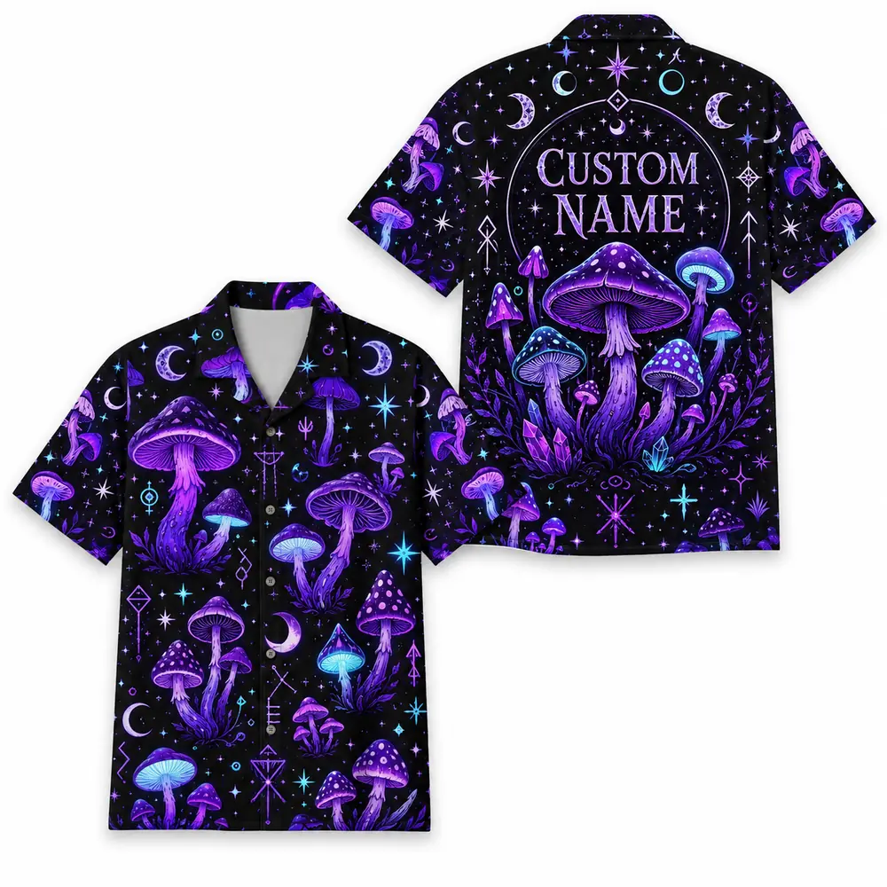 Personalized Mushroom Galaxy Space Hawaiian Shirt For Men And Women, Short Sleeve Celestial Forest Magical, Custom Name Summer Button Down - Style 9