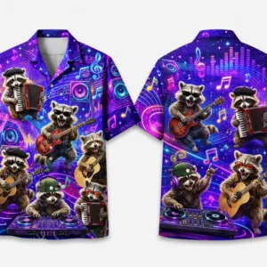Personalized Music Raccoon Neon Purple Hawaiian Shirt For Men And Women, Short Sleeve Funny Party Festival, Custom Name Summer Button Down - Style 1