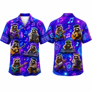 Personalized Music Raccoon Neon Purple Hawaiian Shirt For Men And Women, Short Sleeve Funny Party Festival, Custom Name Summer Button Down - Style 2