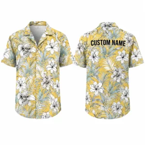 Personalized Mustard Yellow Hibiscus Hawaiian Shirt For Men And Women, Short Sleeve Vibrant Tropical Floral Summer Print, Custom Name Button Down