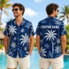 Personalized Navy Blue Palm Tree Hawaiian Shirt For Men And Women, Short Sleeve Elegant Tropical Resort Vacation Print, Custom Name Button Down - View 1