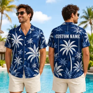 Personalized Navy Blue Palm Tree Hawaiian Shirt For Men And Women, Short Sleeve Elegant Tropical Resort Vacation Print, Custom Name Button Down - View 1