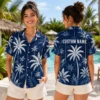 Personalized Navy Blue Palm Tree Hawaiian Shirt For Men And Women, Short Sleeve Elegant Tropical Resort Vacation Print, Custom Name Button Down - View 2