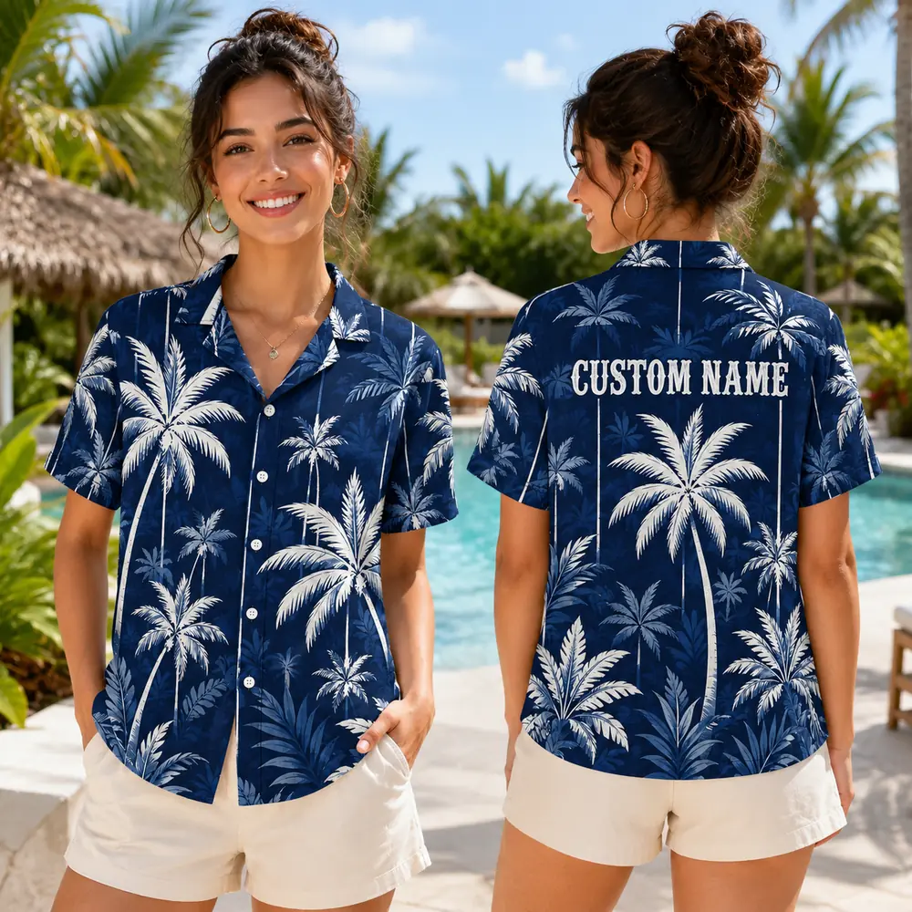 Personalized Navy Blue Palm Tree Hawaiian Shirt For Men And Women, Short Sleeve Elegant Tropical Resort Vacation Print, Custom Name Button Down - View 2