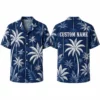 Personalized Navy Blue Palm Tree Hawaiian Shirt For Men And Women, Short Sleeve Elegant Tropical Resort Vacation Print, Custom Name Button Down