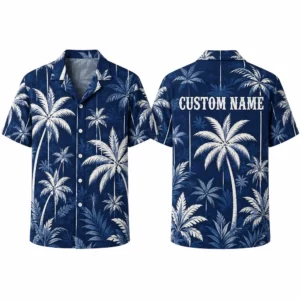 Personalized Navy Blue Palm Tree Hawaiian Shirt For Men And Women, Short Sleeve Elegant Tropical Resort Vacation Print, Custom Name Button Down