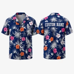 Personalized Navy Blue Tropical Floral Hawaiian Shirt For Men And Women, Short Sleeve Classic Island Vacation Print, Custom Name Summer Button Down