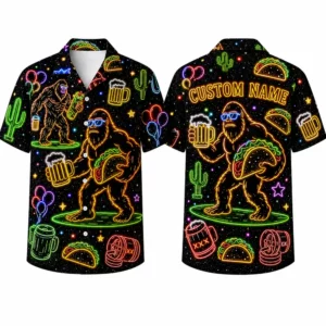 Personalized Neon Bigfoot Party Hawaiian Shirt For Men And Women, Short Sleeve Funny Sasquatch Taco Night Print, Custom Name Button Down