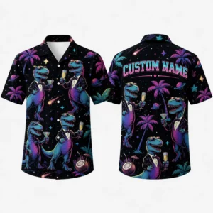 Personalized Neon Dinosaur Hawaiian Shirt For Men And Women, Short Sleeve Vibrant Tropical Party Print, Custom Name Summer Button Down