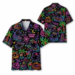 Personalized Neon Halloween Hawaiian Shirt For Men Women, Short Sleeve Glow Festival Party Print, Custom Name Button Down - Style 1