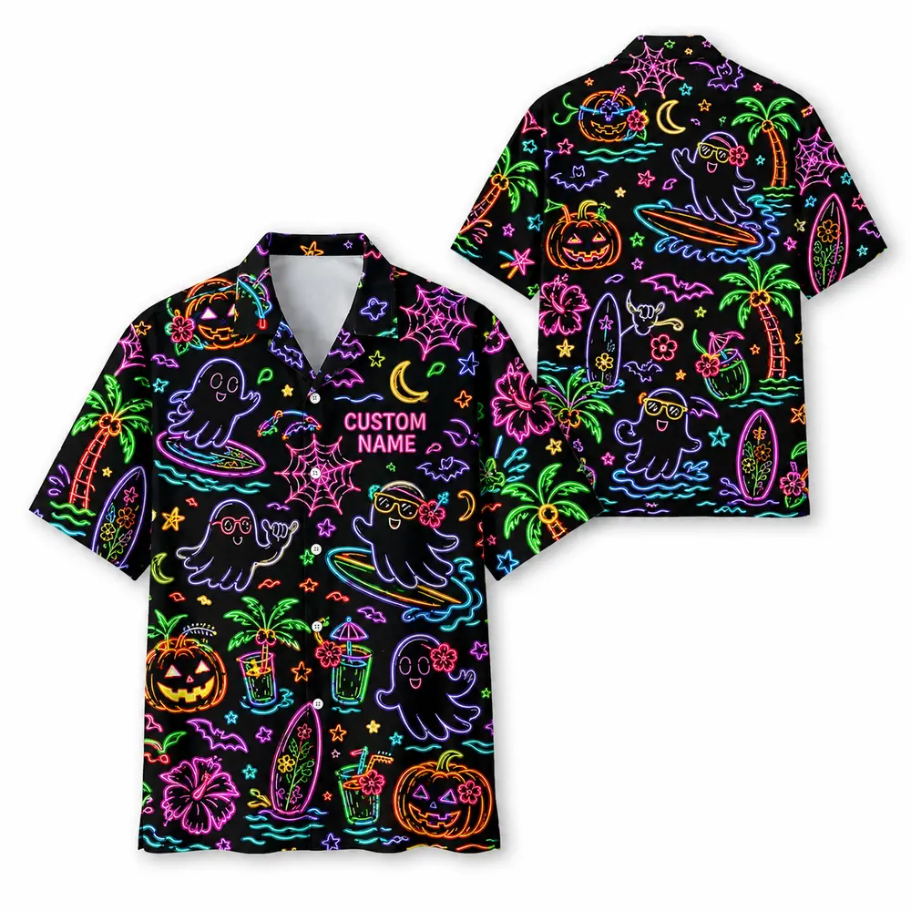 Personalized Neon Halloween Hawaiian Shirt For Men Women, Short Sleeve Glow Festival Party Print, Custom Name Button Down - Style 1