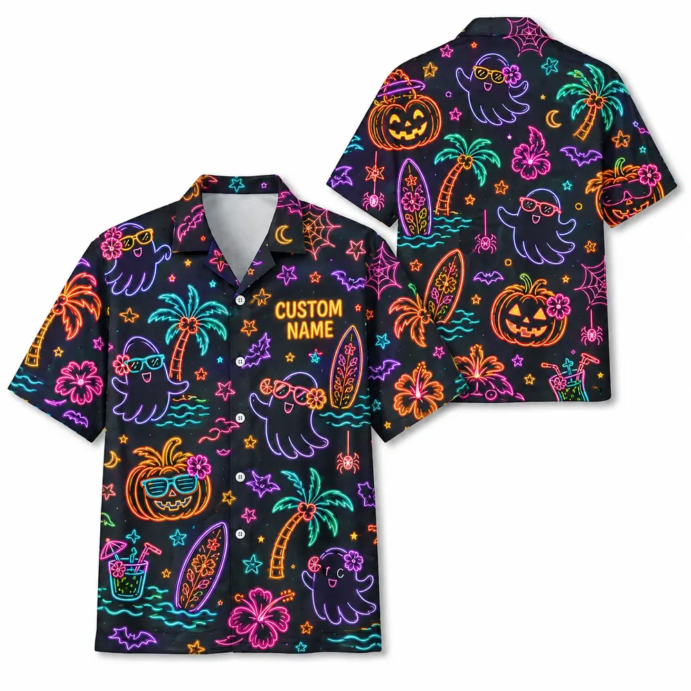 Personalized Neon Halloween Hawaiian Shirt For Men Women, Short Sleeve Glow Festival Party Print, Custom Name Button Down - Style 10