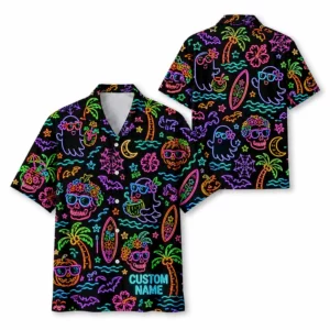 Personalized Neon Halloween Hawaiian Shirt For Men Women, Short Sleeve Glow Festival Party Print, Custom Name Button Down - Style 2