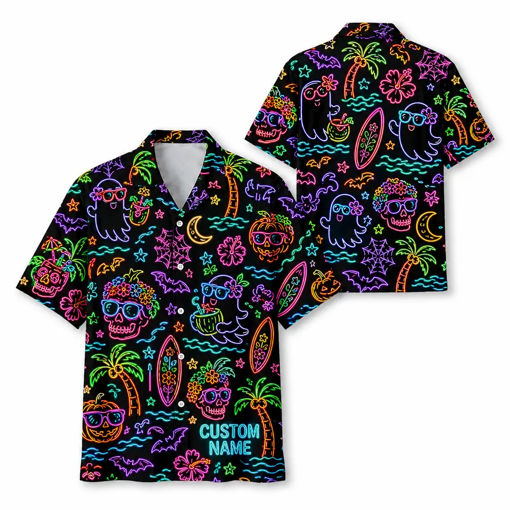 Personalized Neon Halloween Hawaiian Shirt For Men Women, Short Sleeve Glow Festival Party Print, Custom Name Button Down - Style 2