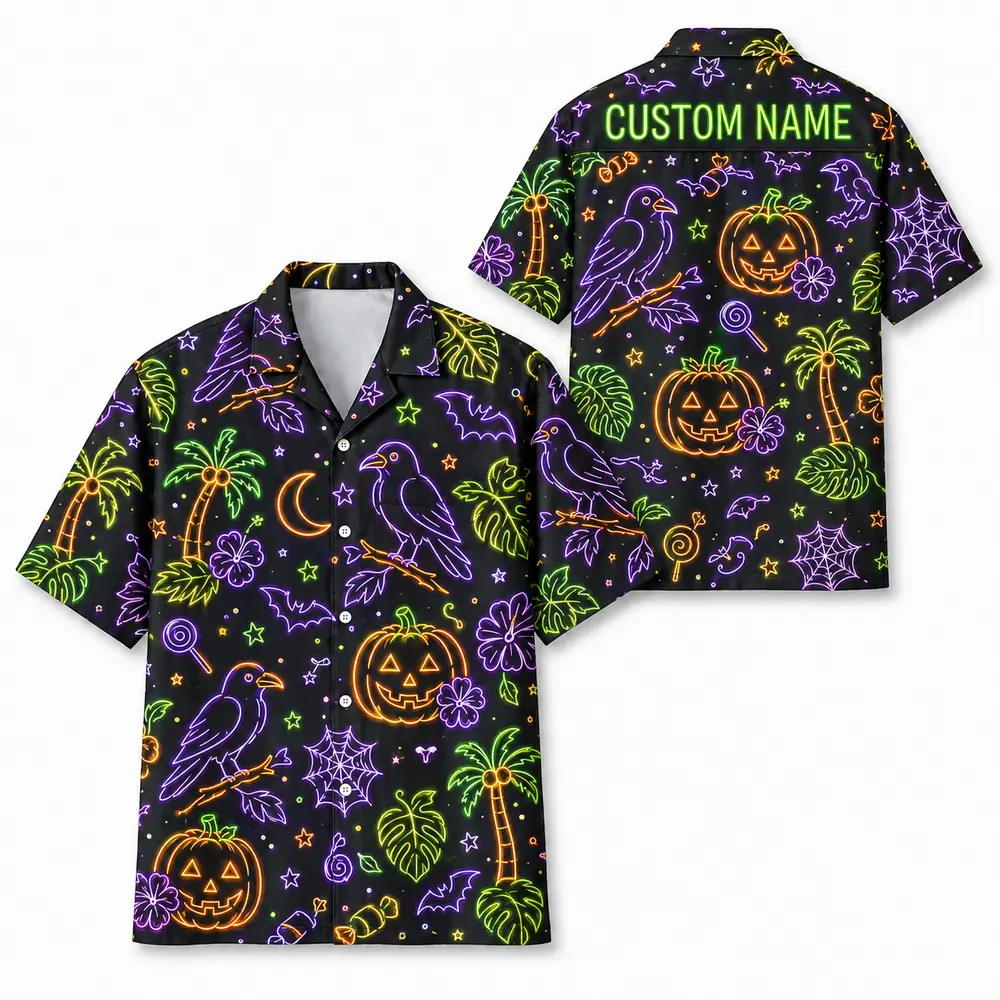 Personalized Neon Halloween Hawaiian Shirt For Men Women, Short Sleeve Glow Festival Party Print, Custom Name Button Down - Style 3