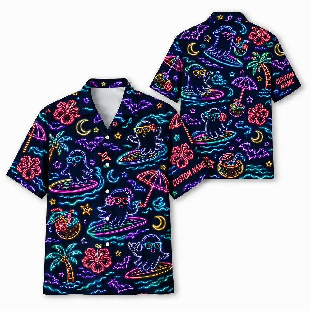 Personalized Neon Halloween Hawaiian Shirt For Men Women, Short Sleeve Glow Festival Party Print, Custom Name Button Down - Style 4