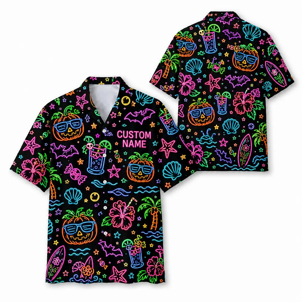 Personalized Neon Halloween Hawaiian Shirt For Men Women, Short Sleeve Glow Festival Party Print, Custom Name Button Down - Style 5