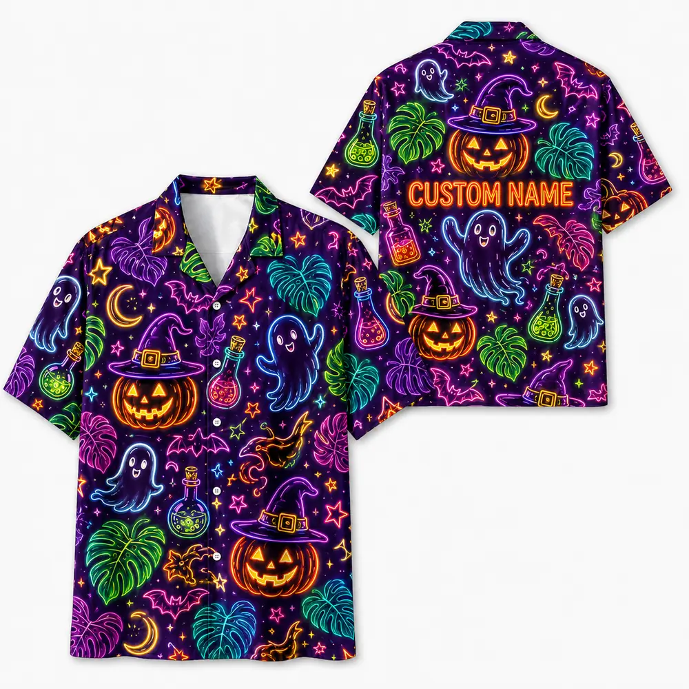 Personalized Neon Halloween Hawaiian Shirt For Men Women, Short Sleeve Glow Festival Party Print, Custom Name Button Down - Style 6